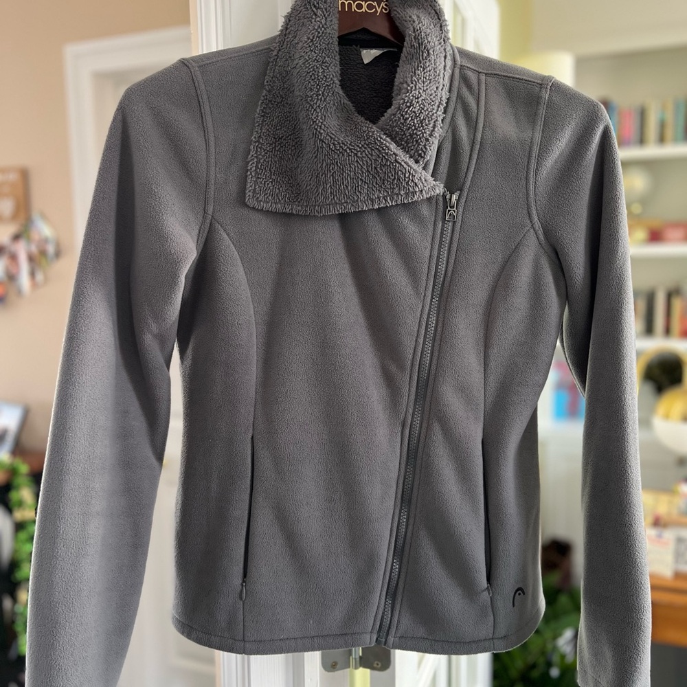 Gray Teddy Jacket with Asymmetrical Zipper and Fitted Style
